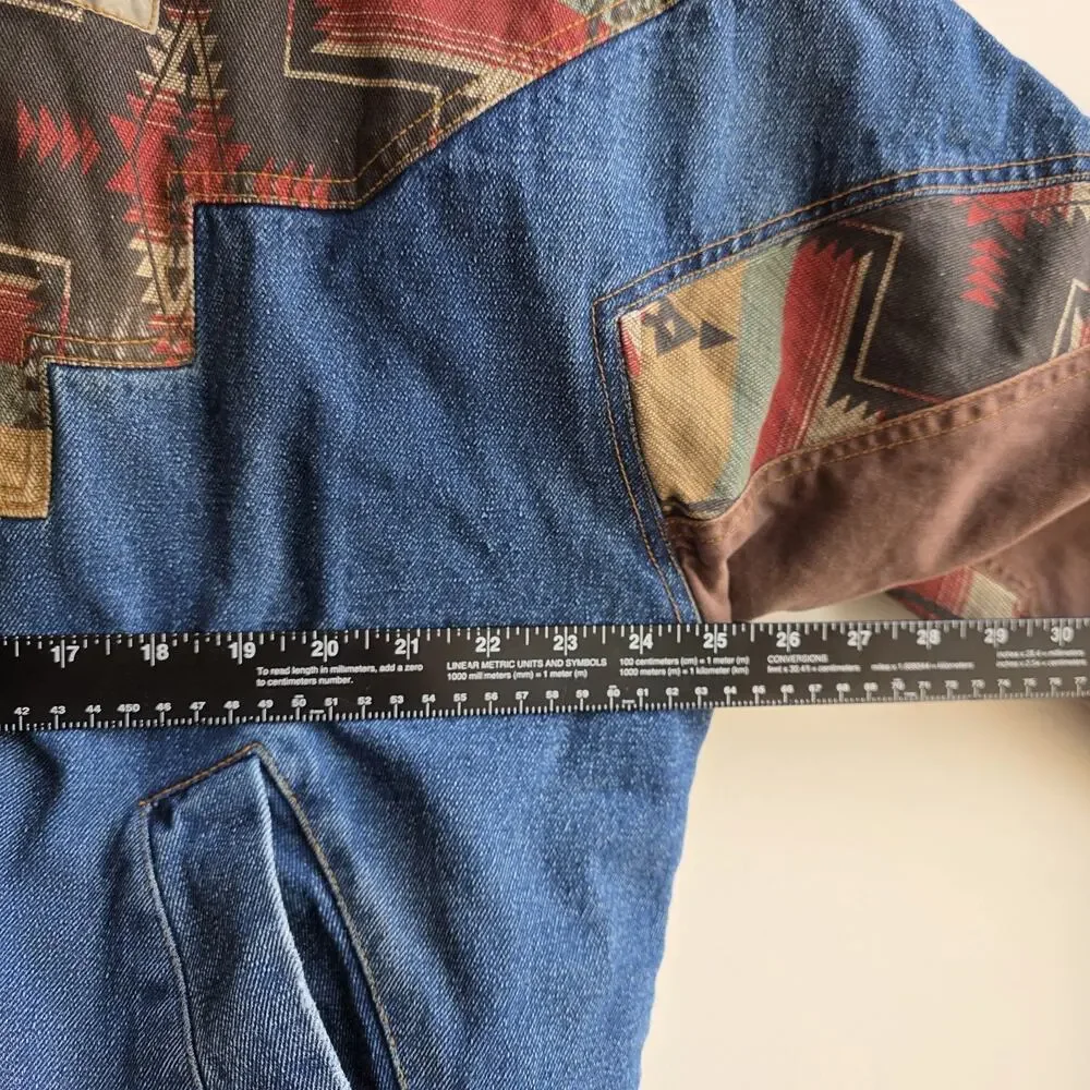 VTG 90s Izzi Western Denim Jacket Southwest Aztec Geometric Patchwork Oversize L - Picture 9 of 12